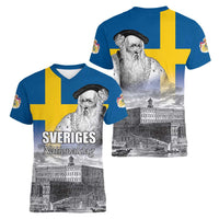 Sweden Sveriges Nationaldag Women V-Neck T-Shirt King Gustav Vasa with Stockholm Slott