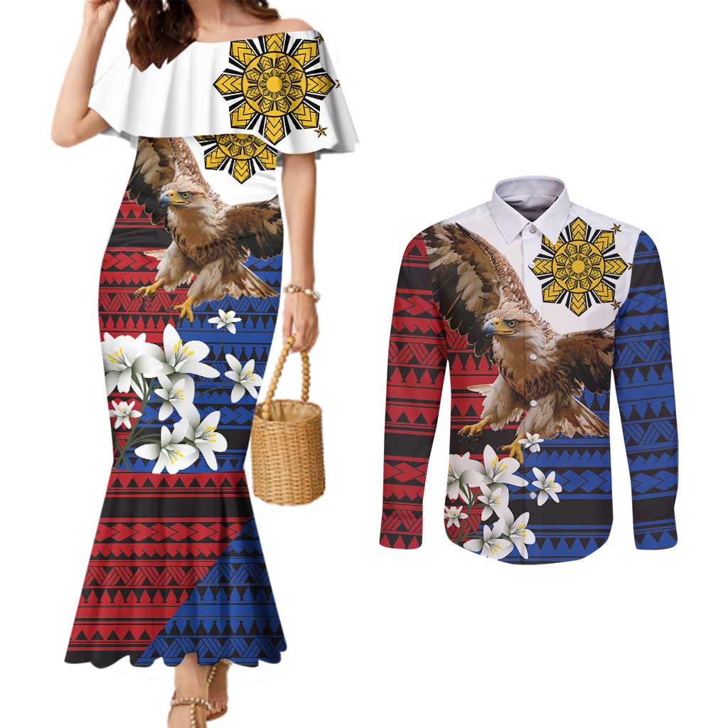 Philippine Eagle Week Couples Matching Mermaid Dress and Long Sleeve Button Shirt Philipino Patern