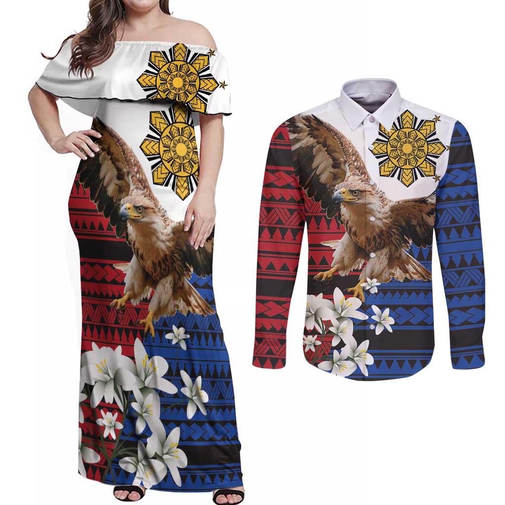 Philippine Eagle Week Couples Matching Off Shoulder Maxi Dress and Long Sleeve Button Shirt Philipino Patern