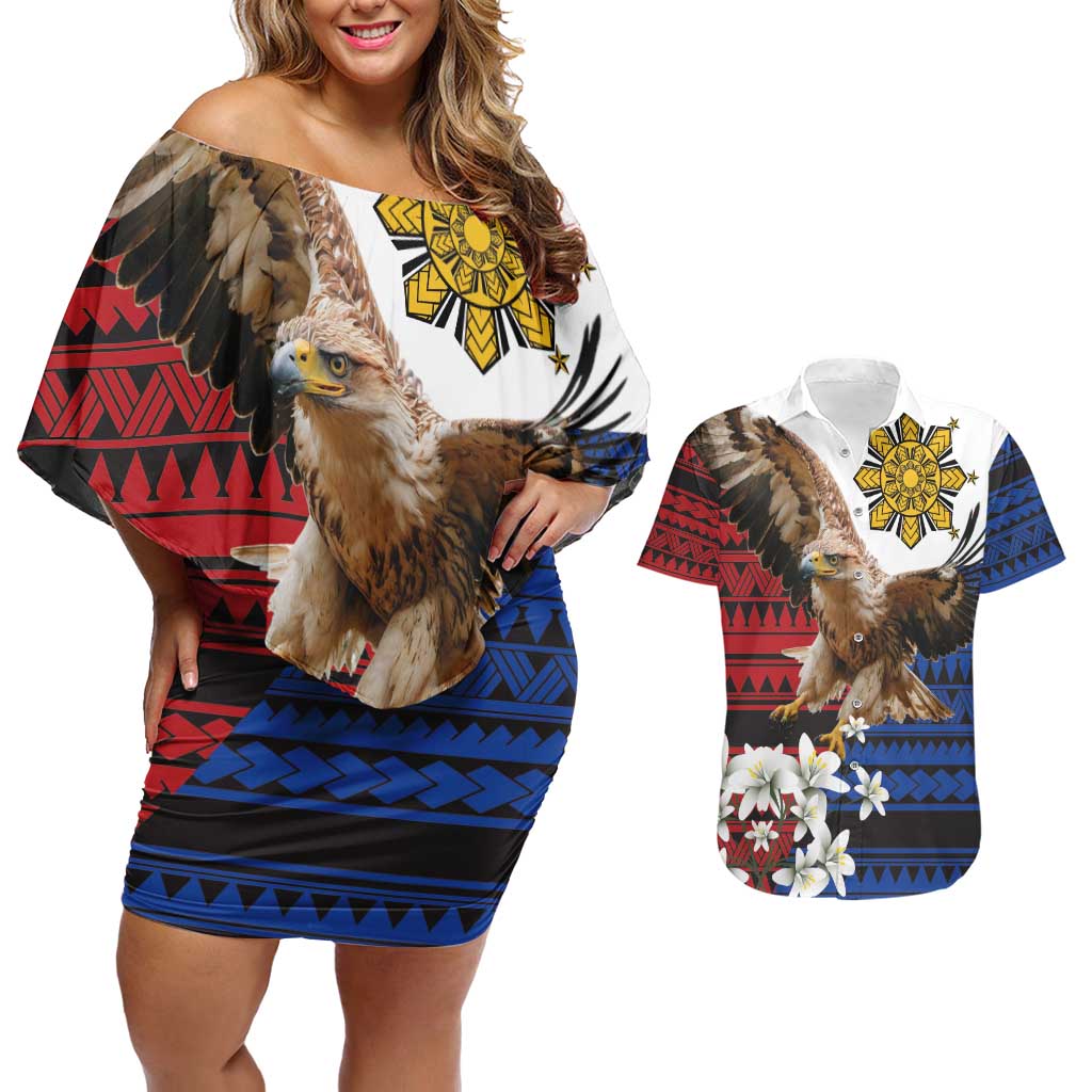 Philippine Eagle Week Couples Matching Off Shoulder Short Dress and Hawaiian Shirt Philipino Patern