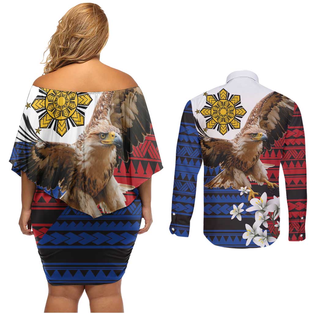 Philippine Eagle Week Couples Matching Off Shoulder Short Dress and Long Sleeve Button Shirt Philipino Patern