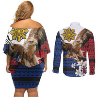 Philippine Eagle Week Couples Matching Off Shoulder Short Dress and Long Sleeve Button Shirt Philipino Patern