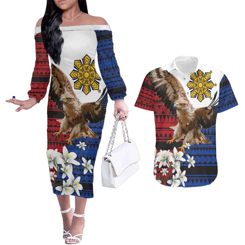 Philippine Eagle Week Couples Matching Off The Shoulder Long Sleeve Dress and Hawaiian Shirt Philipino Patern
