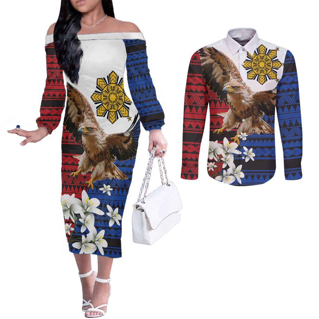 Philippine Eagle Week Couples Matching Off The Shoulder Long Sleeve Dress and Long Sleeve Button Shirt Philipino Patern