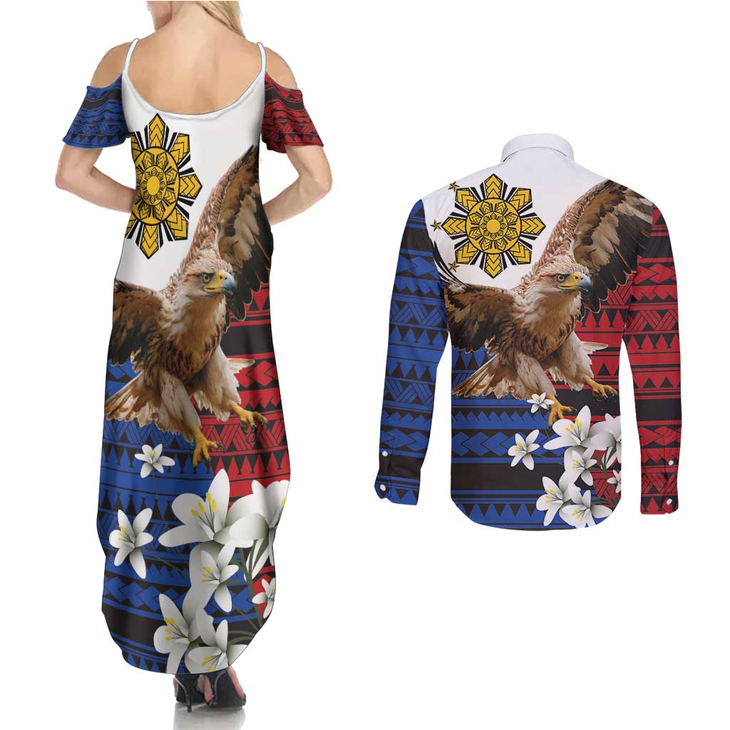 Philippine Eagle Week Couples Matching Summer Maxi Dress and Long Sleeve Button Shirt Philipino Patern