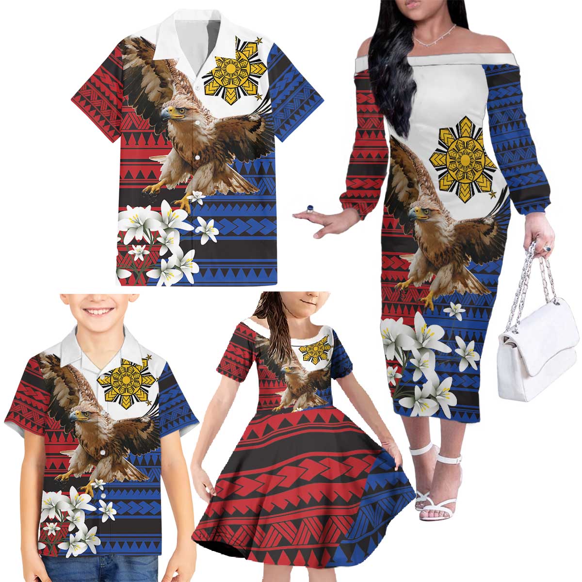 Philippine Eagle Week Family Matching Off The Shoulder Long Sleeve Dress and Hawaiian Shirt Philipino Patern