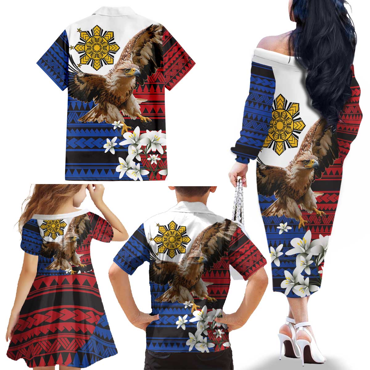 Philippine Eagle Week Family Matching Off The Shoulder Long Sleeve Dress and Hawaiian Shirt Philipino Patern