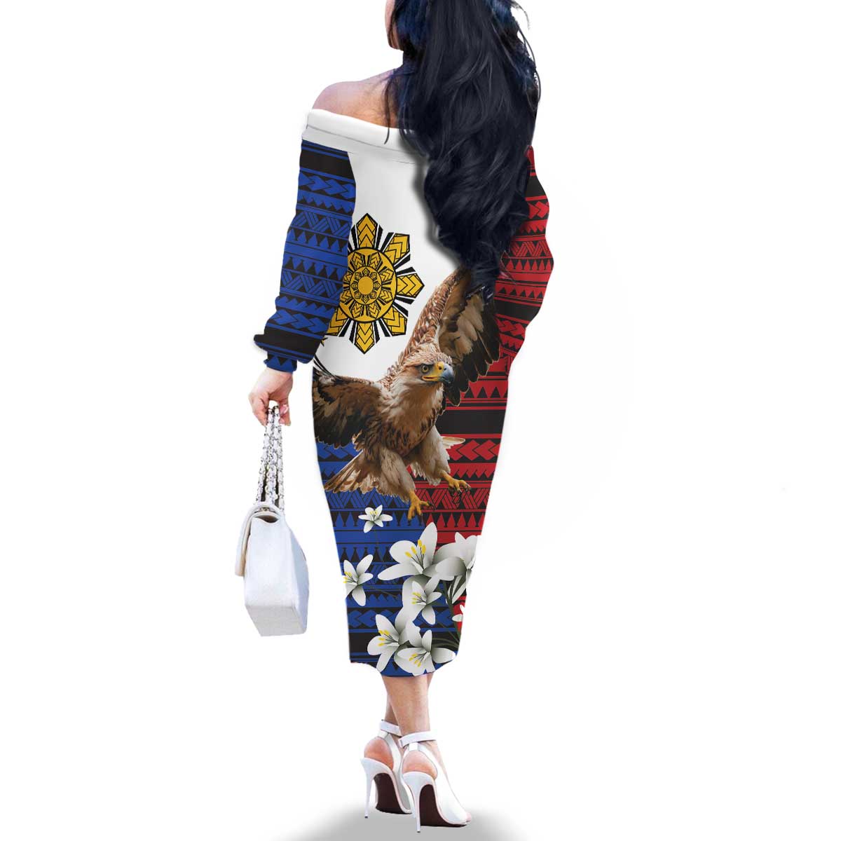 Philippine Eagle Week Family Matching Off The Shoulder Long Sleeve Dress and Hawaiian Shirt Philipino Patern
