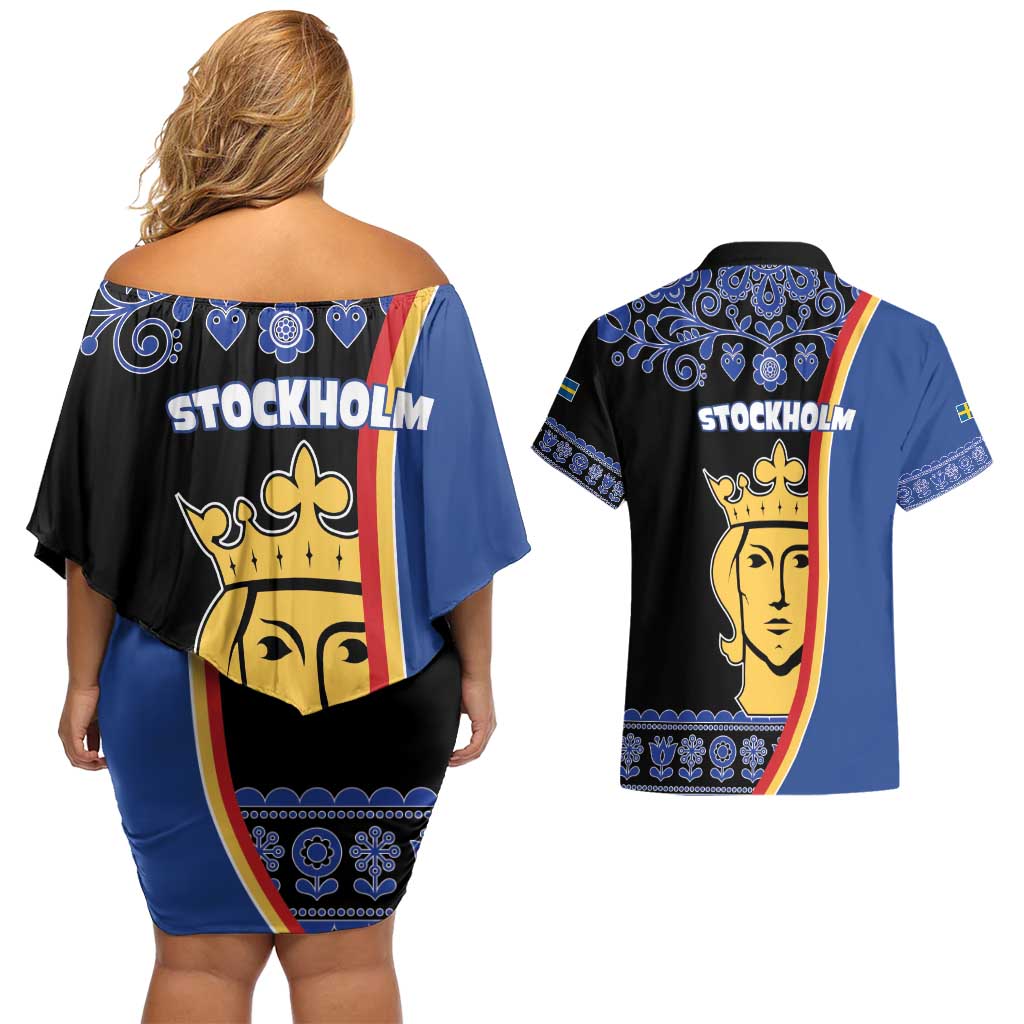 Kingdom of Sweden Stockholm County Couples Matching Off Shoulder Short Dress and Hawaiian Shirt Sweden Coat of arms of Stockholm