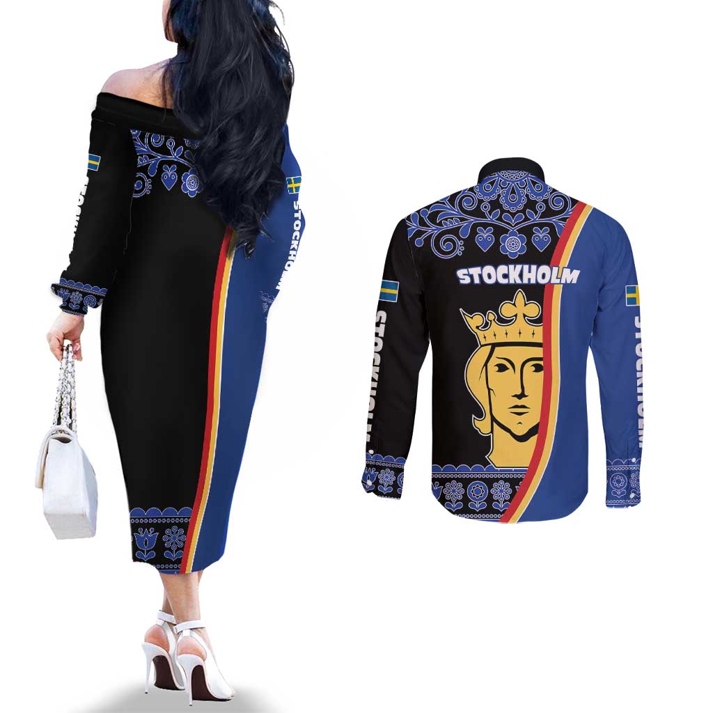 Kingdom of Sweden Stockholm County Couples Matching Off The Shoulder Long Sleeve Dress and Long Sleeve Button Shirt Sweden Coat of arms of Stockholm