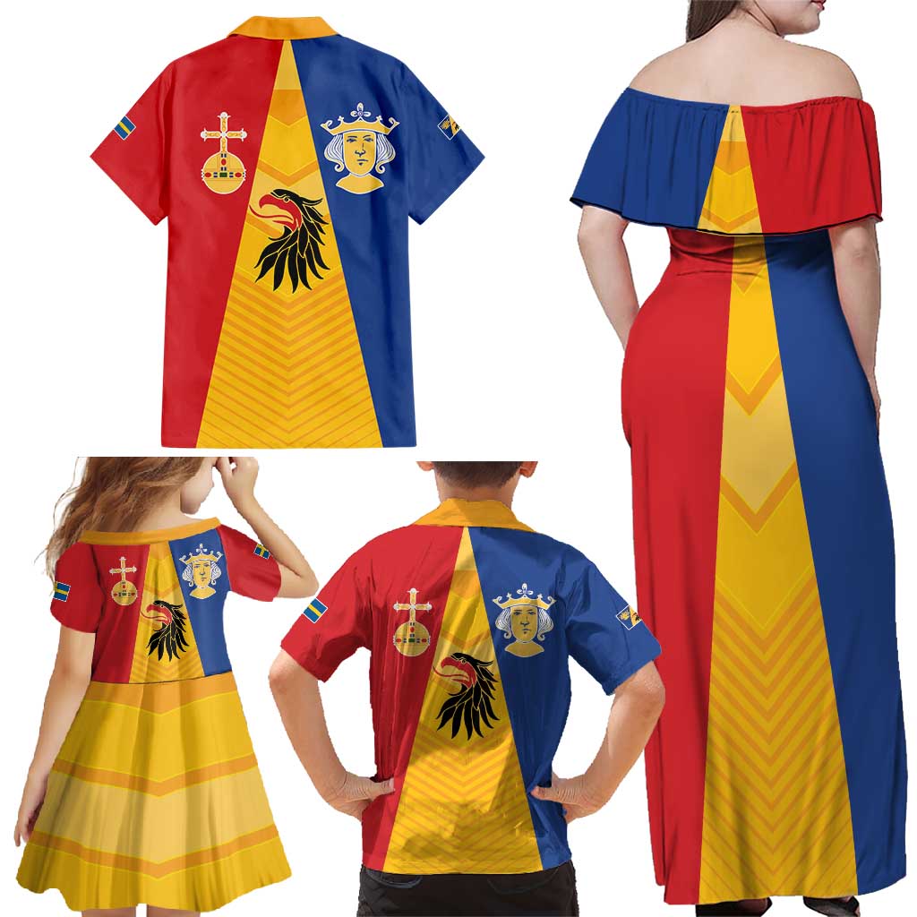 Kingdom of Sweden Stockholm County Family Matching Off Shoulder Maxi Dress and Hawaiian Shirt Flag Style