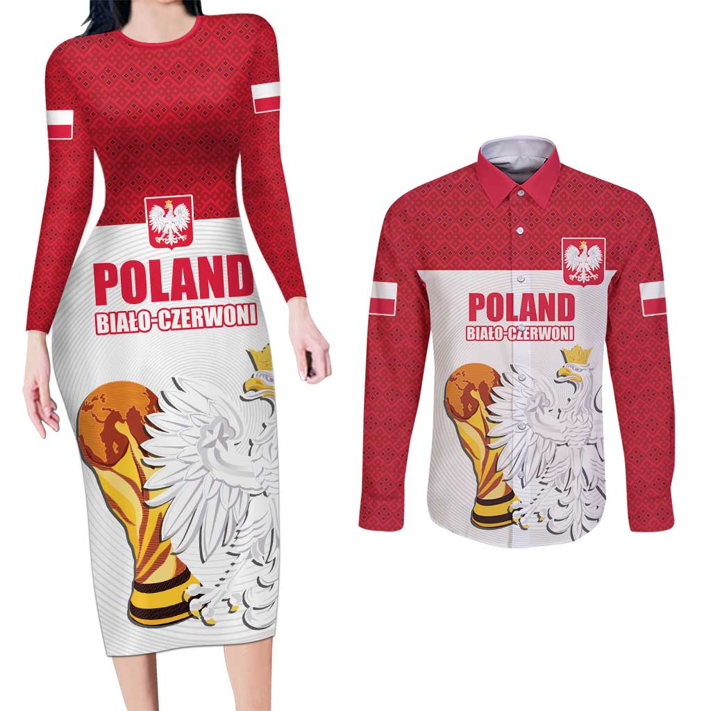 Custom Poland Football Champions Couples Matching Long Sleeve Bodycon Dress and Long Sleeve Button Shirt Sporty Style