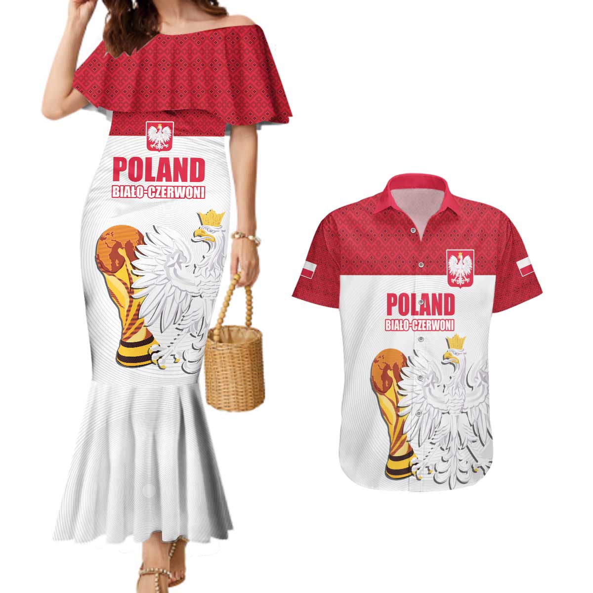 Custom Poland Football Champions Couples Matching Mermaid Dress and Hawaiian Shirt Sporty Style