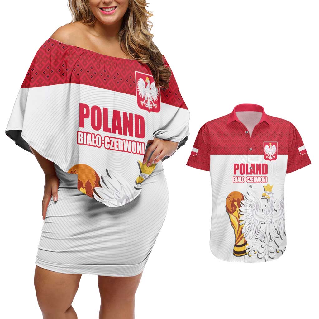 Custom Poland Football Champions Couples Matching Off Shoulder Short Dress and Hawaiian Shirt Sporty Style