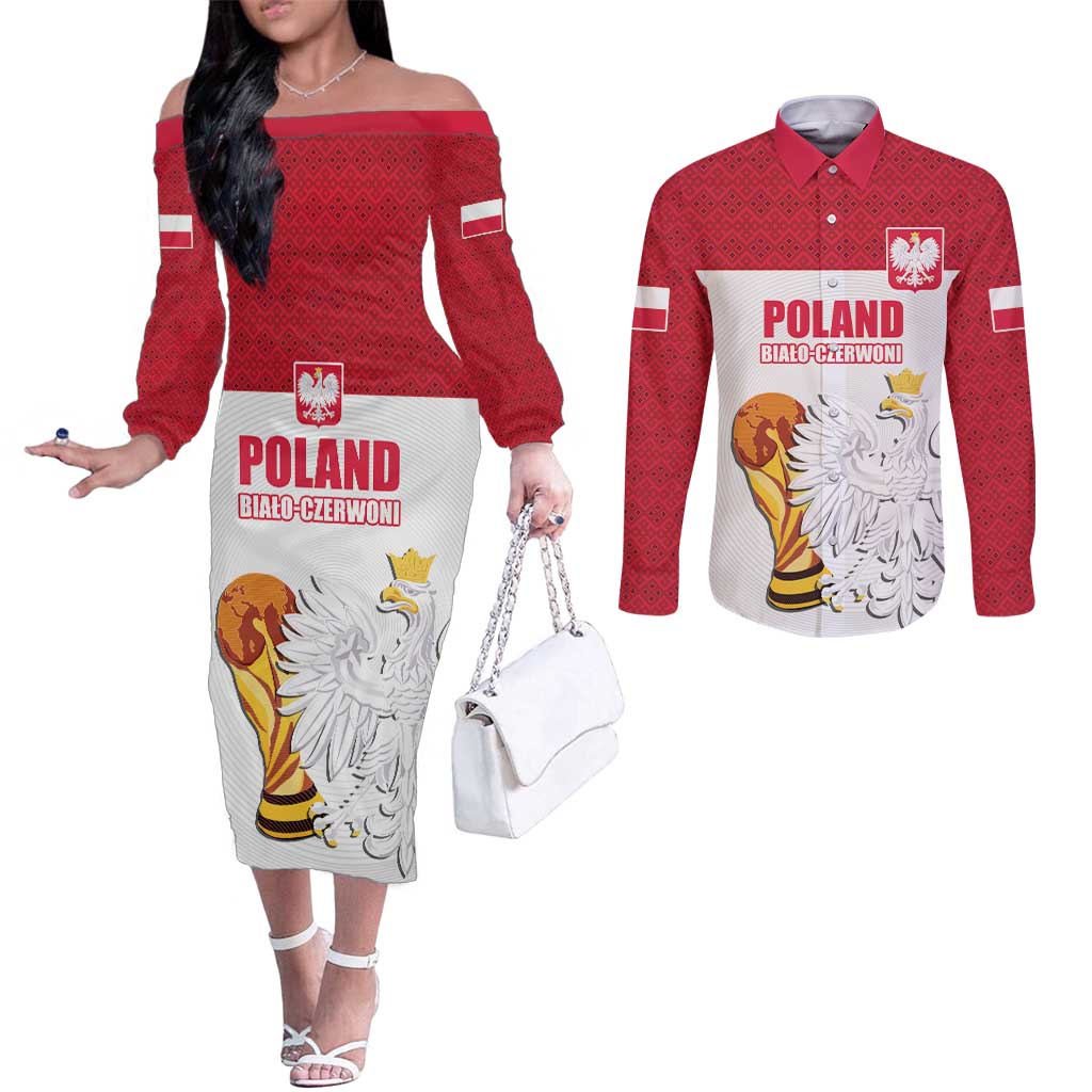 Custom Poland Football Champions Couples Matching Off The Shoulder Long Sleeve Dress and Long Sleeve Button Shirt Sporty Style