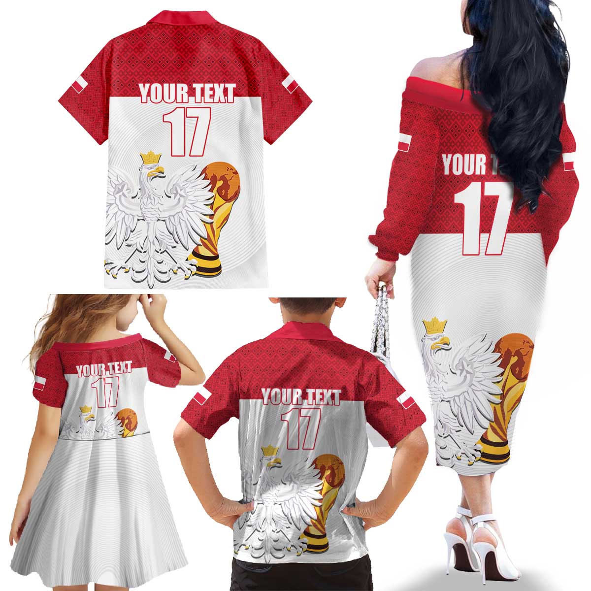 Custom Poland Football Champions Family Matching Off The Shoulder Long Sleeve Dress and Hawaiian Shirt Sporty Style
