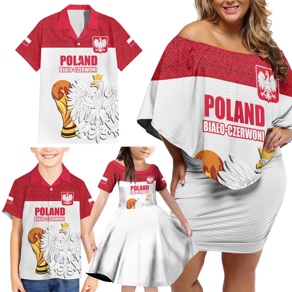Custom Poland Football Champions Family Matching Off Shoulder Short Dress and Hawaiian Shirt Sporty Style