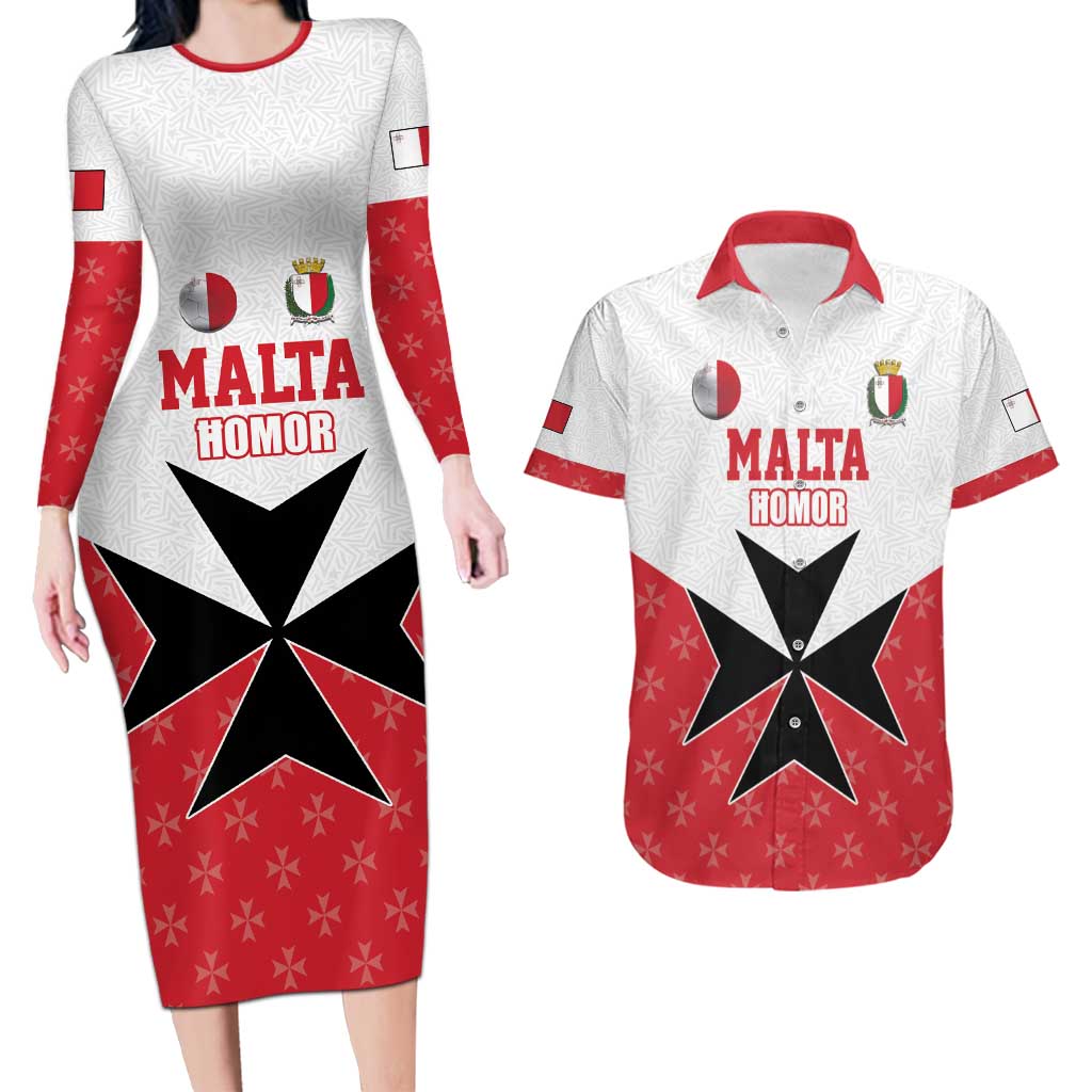 Custom Malta Football Champions Couples Matching Long Sleeve Bodycon Dress and Hawaiian Shirt Sporty Style