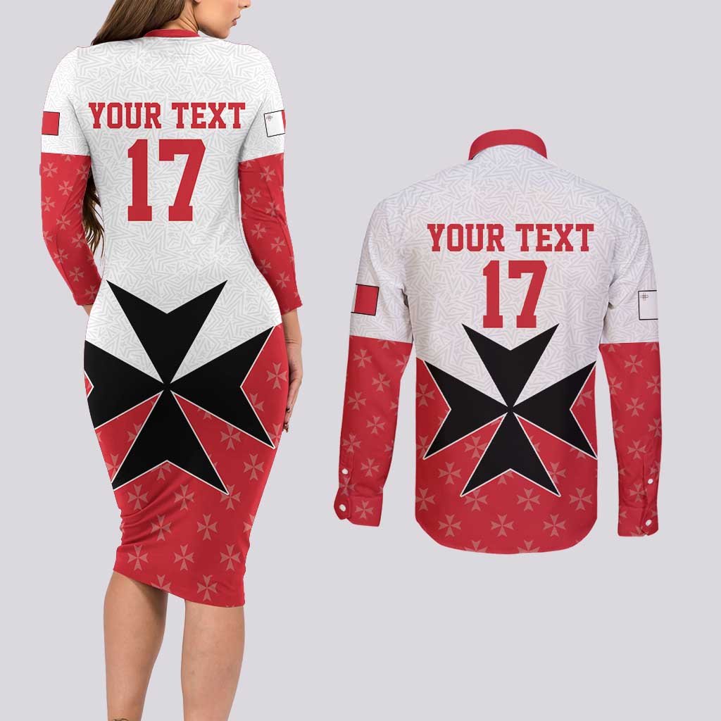 Custom Malta Football Champions Couples Matching Long Sleeve Bodycon Dress and Long Sleeve Button Shirt Sporty Style