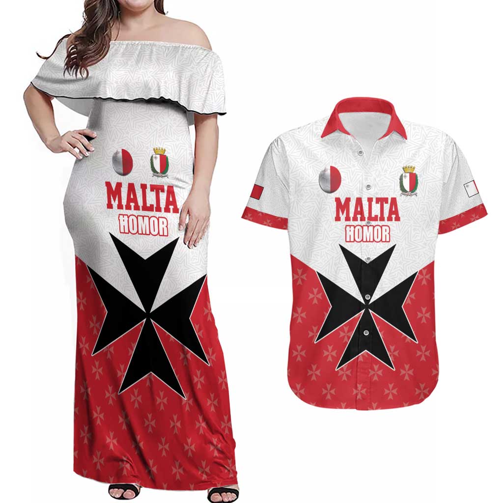 Custom Malta Football Champions Couples Matching Off Shoulder Maxi Dress and Hawaiian Shirt Sporty Style