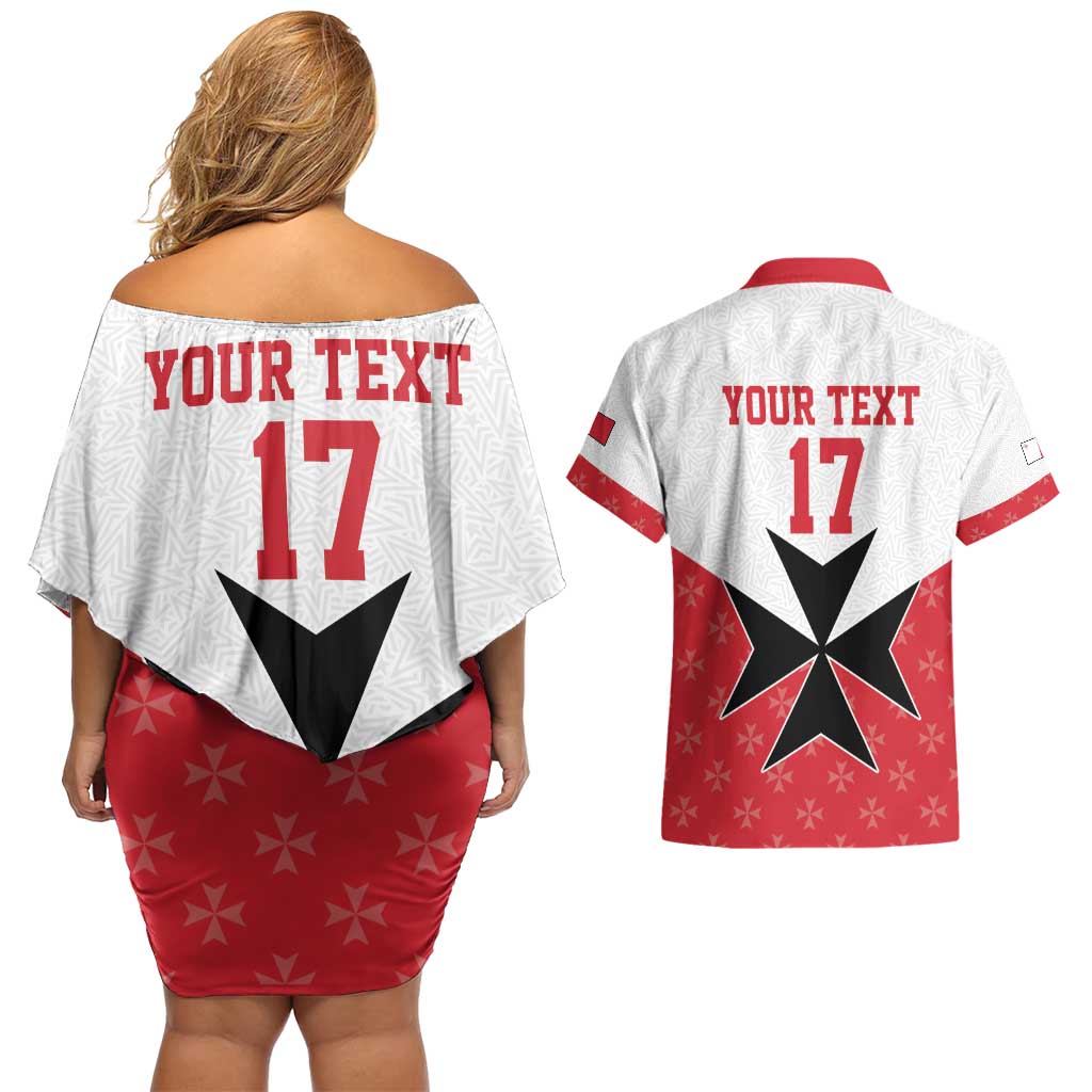 Custom Malta Football Champions Couples Matching Off Shoulder Short Dress and Hawaiian Shirt Sporty Style