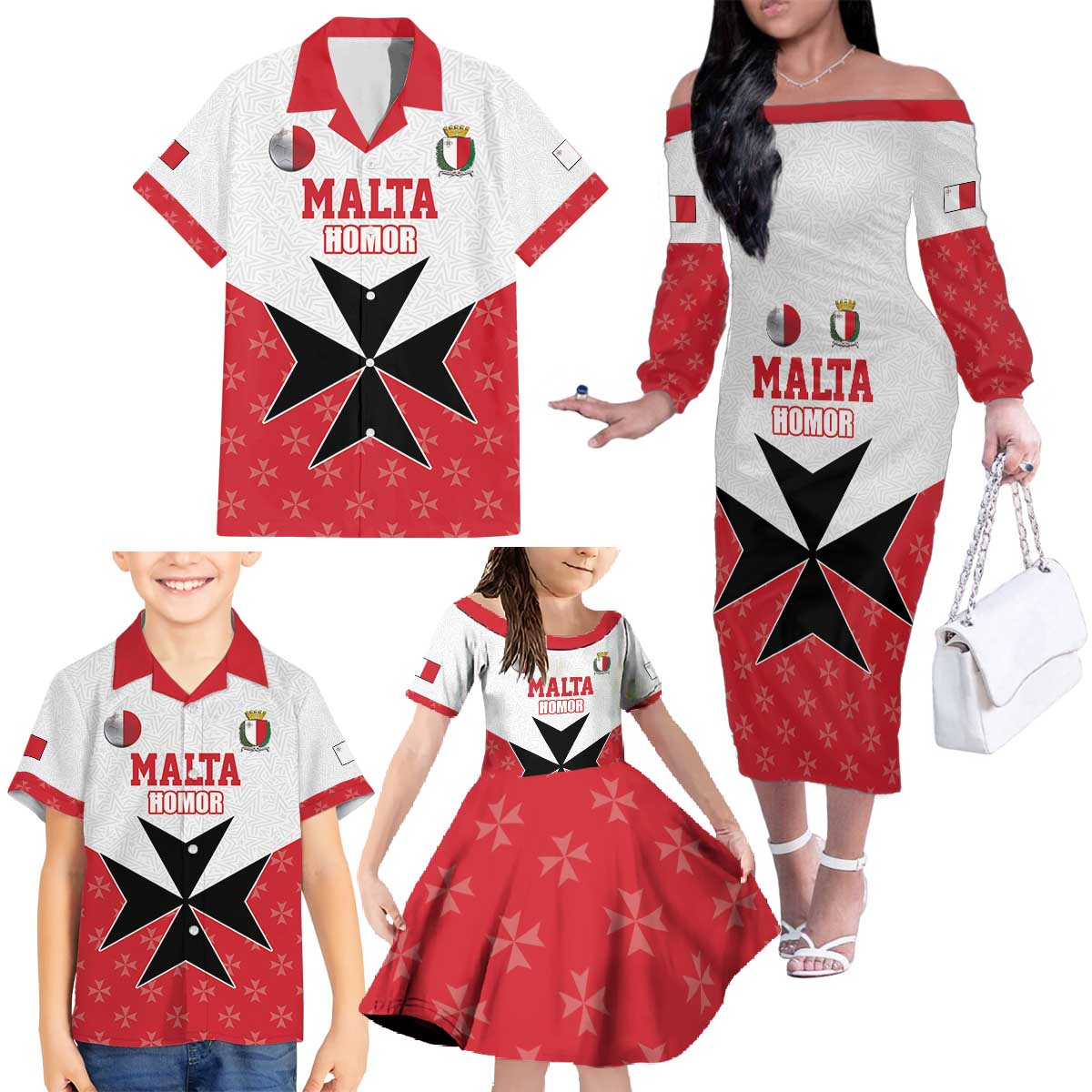 Custom Malta Football Champions Family Matching Off The Shoulder Long Sleeve Dress and Hawaiian Shirt Sporty Style
