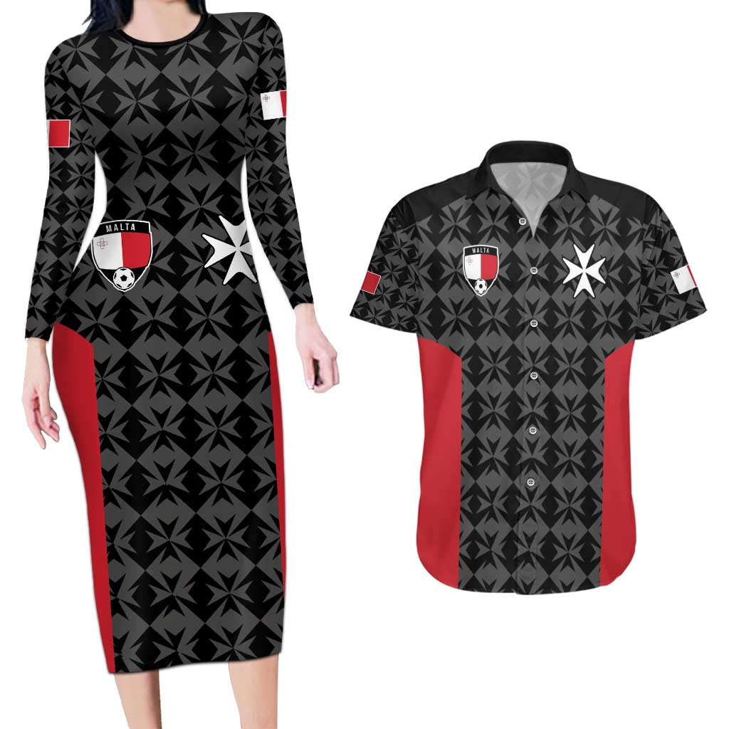 Custom Malta Football Jersey Go Champions Couples Matching Long Sleeve Bodycon Dress and Hawaiian Shirt Black Style