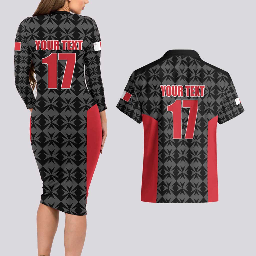 Custom Malta Football Jersey Go Champions Couples Matching Long Sleeve Bodycon Dress and Hawaiian Shirt Black Style