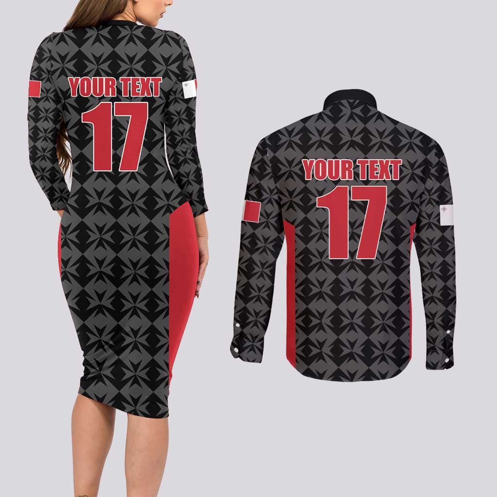 Custom Malta Football Jersey Go Champions Couples Matching Long Sleeve Bodycon Dress and Long Sleeve Button Shirt Black Style