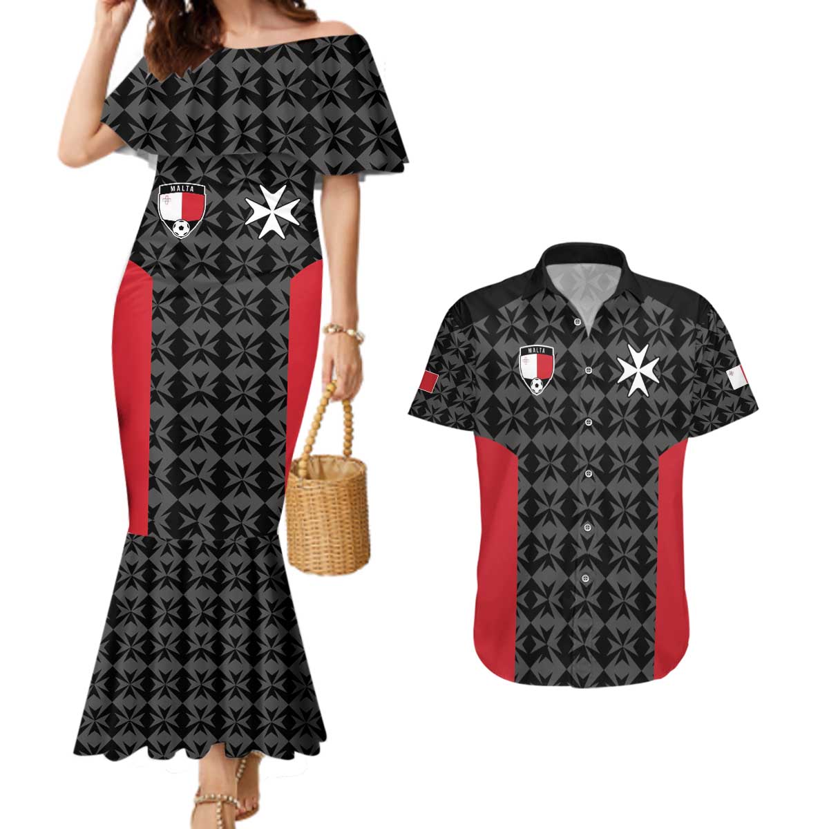 Custom Malta Football Jersey Go Champions Couples Matching Mermaid Dress and Hawaiian Shirt Black Style