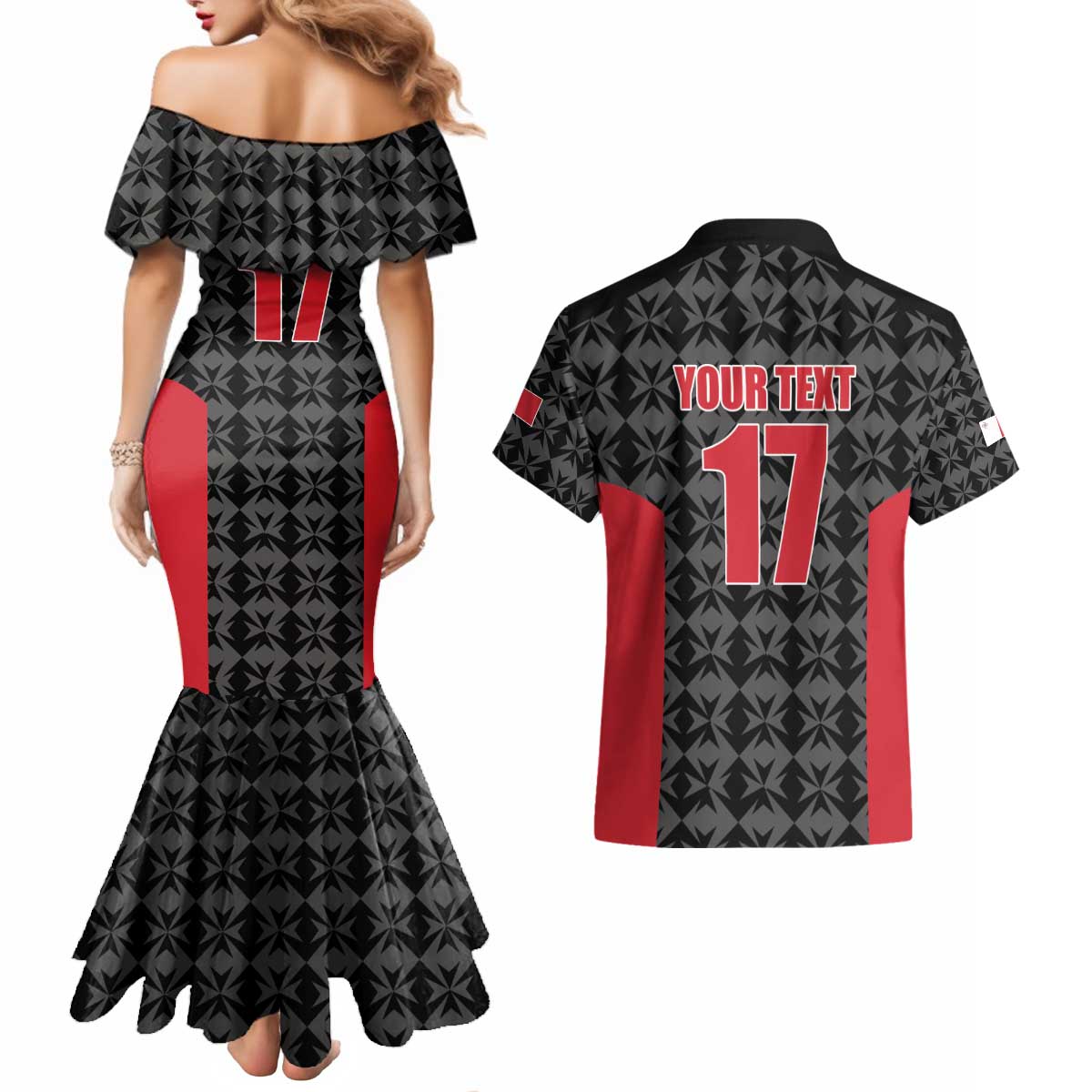 Custom Malta Football Jersey Go Champions Couples Matching Mermaid Dress and Hawaiian Shirt Black Style