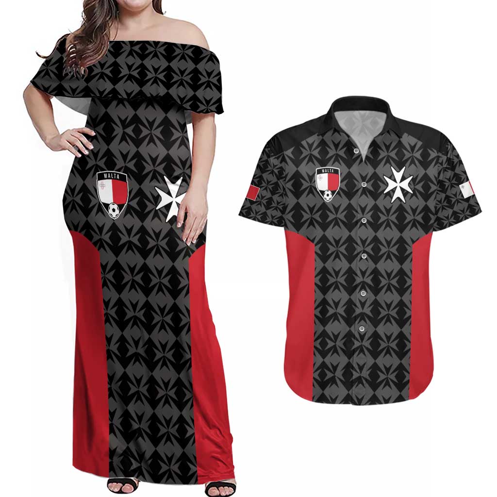 Custom Malta Football Jersey Go Champions Couples Matching Off Shoulder Maxi Dress and Hawaiian Shirt Black Style