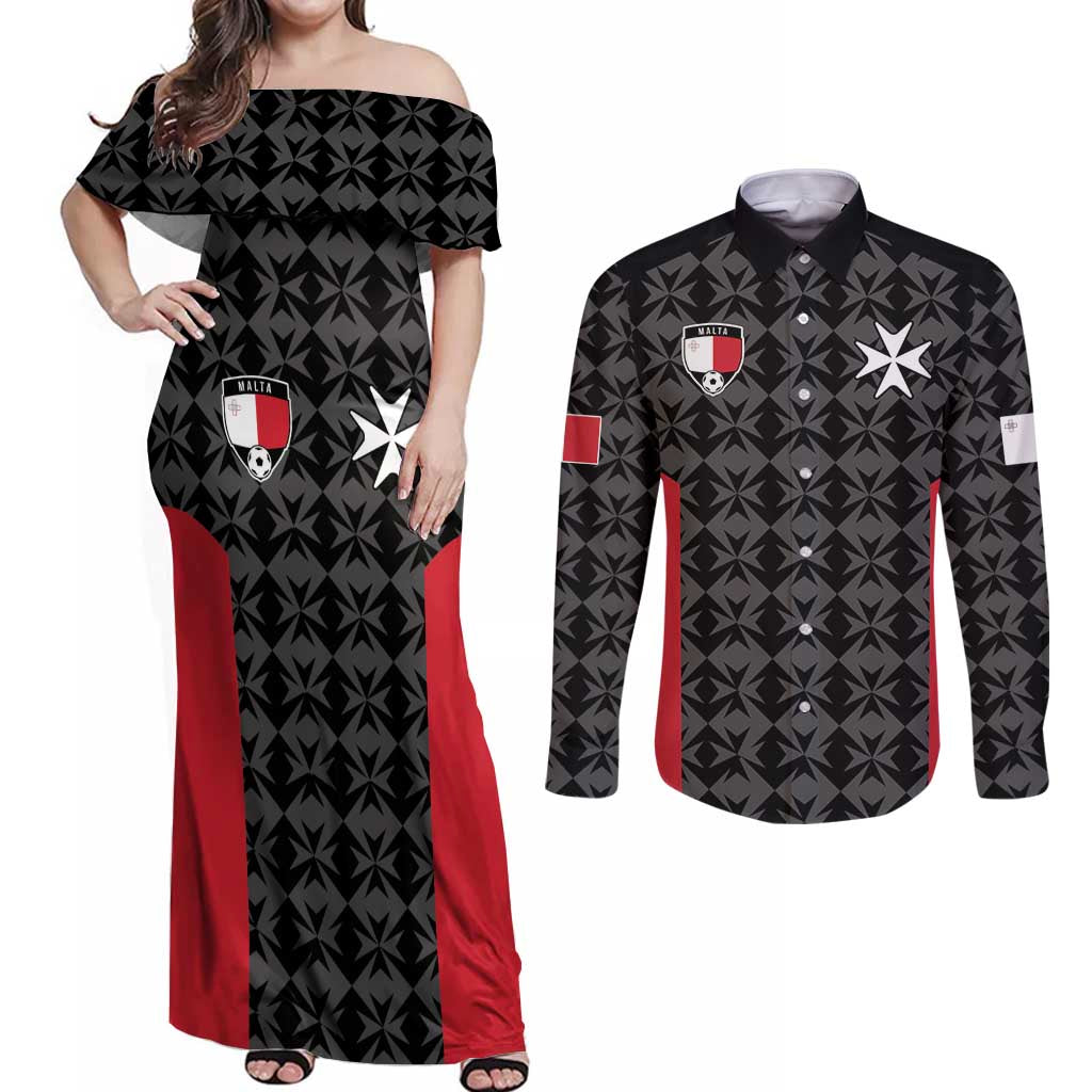 Custom Malta Football Jersey Go Champions Couples Matching Off Shoulder Maxi Dress and Long Sleeve Button Shirt Black Style