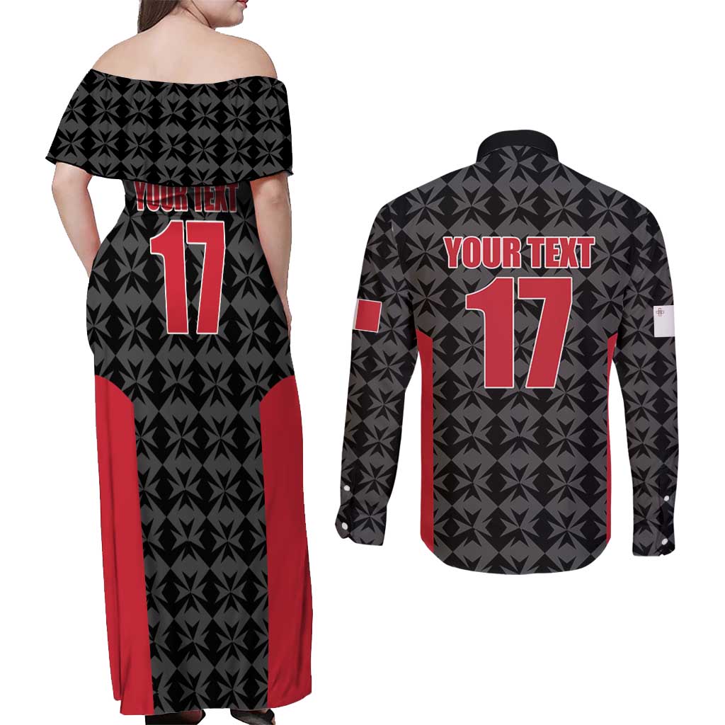 Custom Malta Football Jersey Go Champions Couples Matching Off Shoulder Maxi Dress and Long Sleeve Button Shirt Black Style