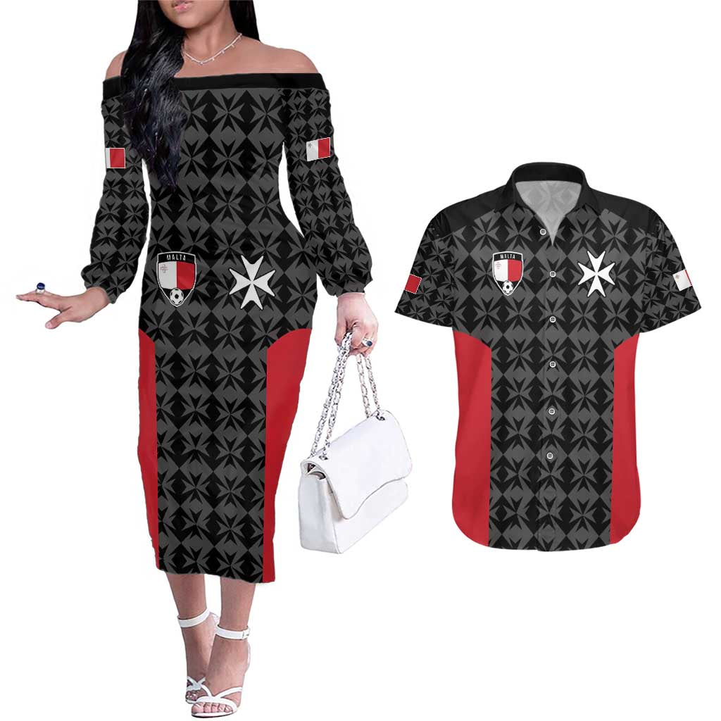 Custom Malta Football Jersey Go Champions Couples Matching Off The Shoulder Long Sleeve Dress and Hawaiian Shirt Black Style
