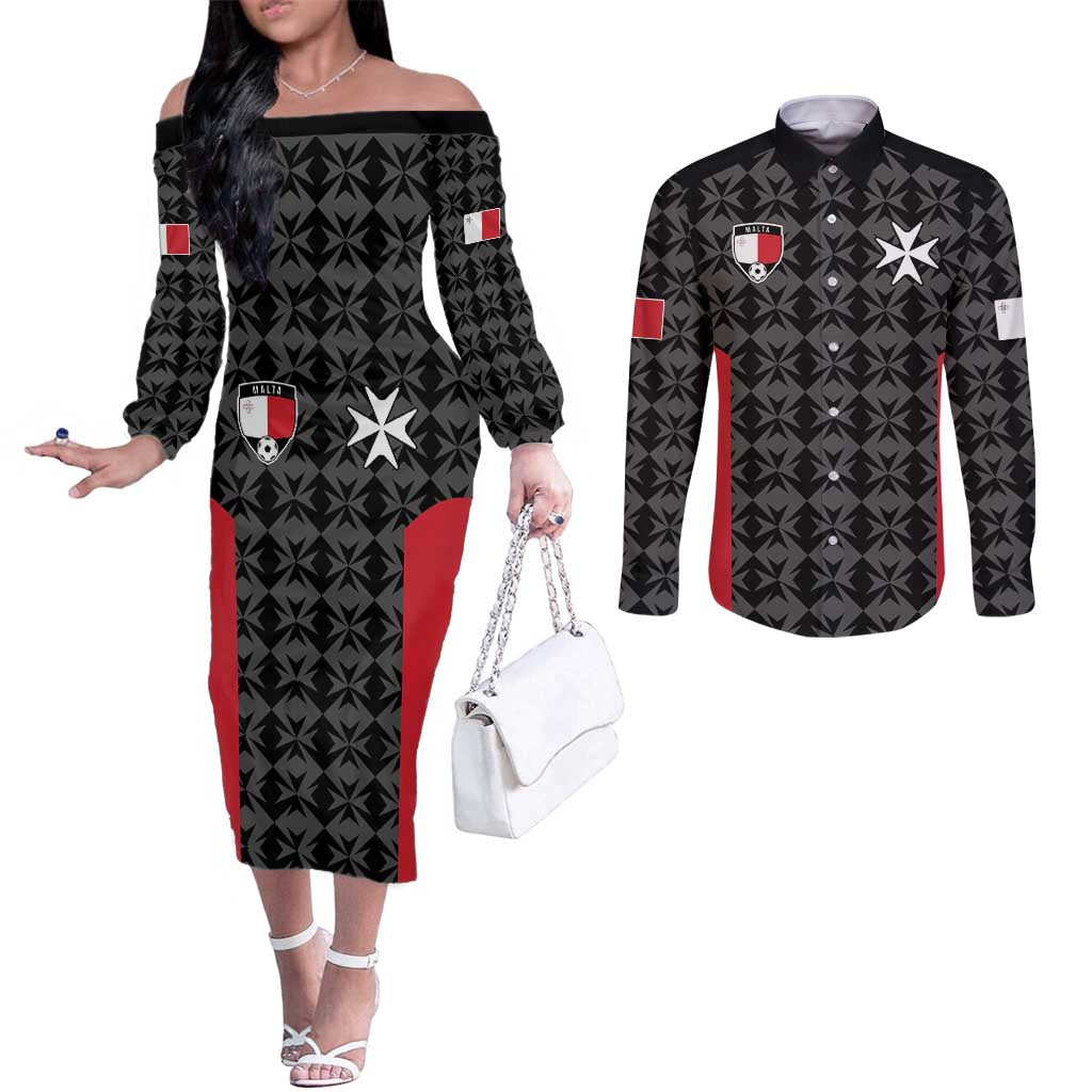 Custom Malta Football Jersey Go Champions Couples Matching Off The Shoulder Long Sleeve Dress and Long Sleeve Button Shirt Black Style