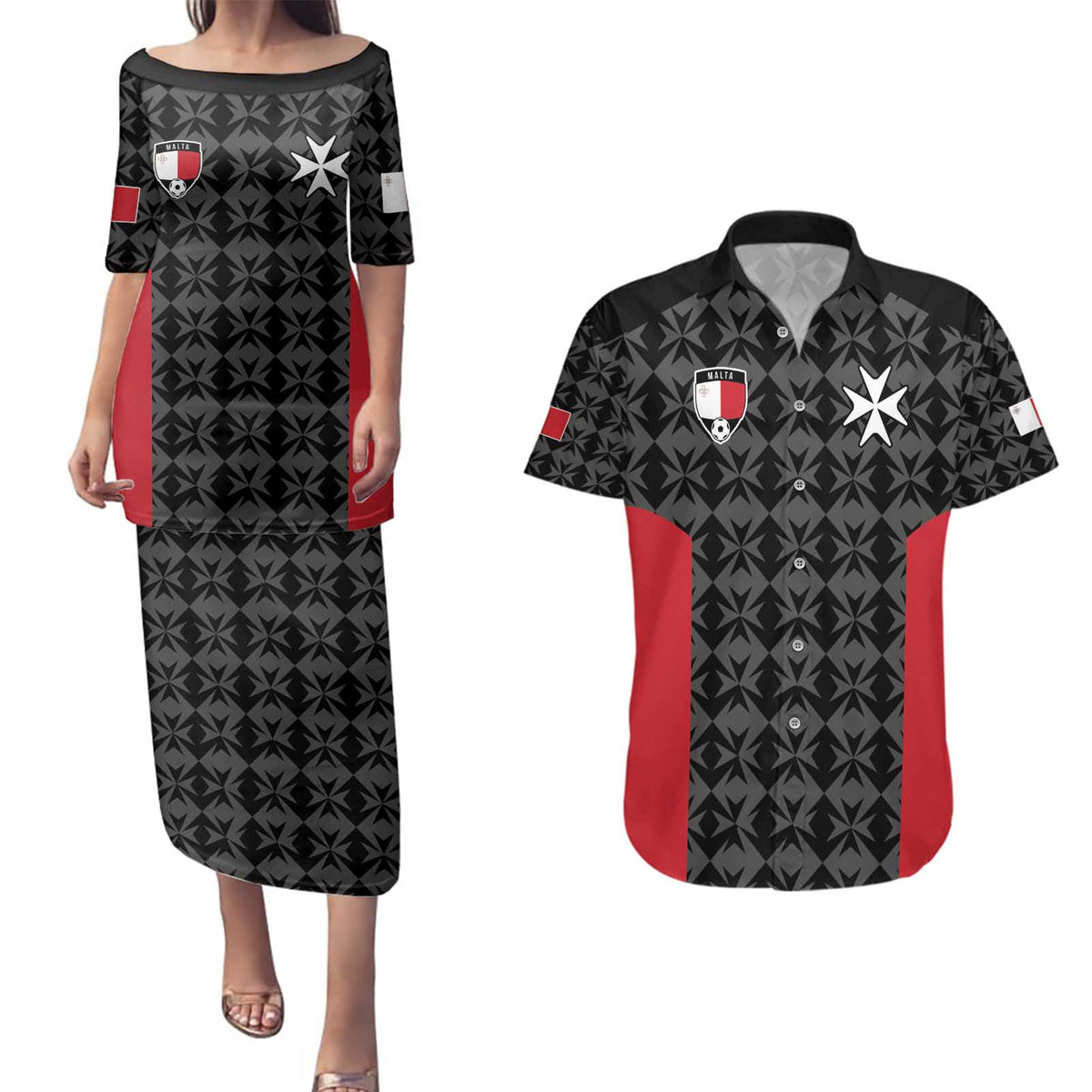 Custom Malta Football Jersey Go Champions Couples Matching Puletasi and Hawaiian Shirt Black Style
