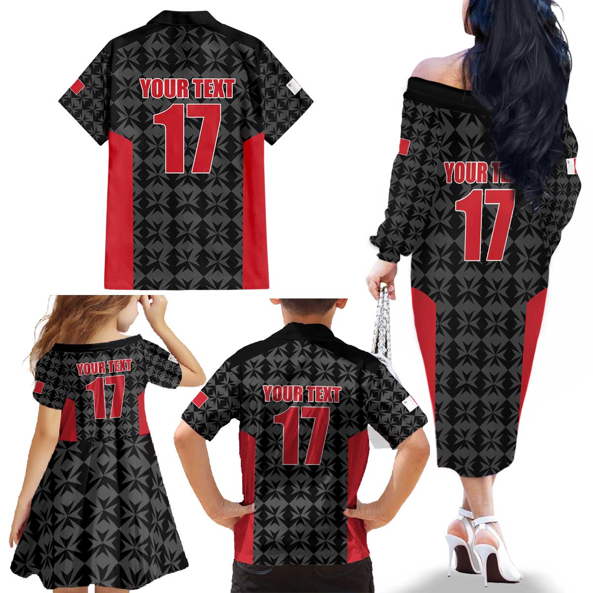 Custom Malta Football Jersey Go Champions Family Matching Off The Shoulder Long Sleeve Dress and Hawaiian Shirt Black Style