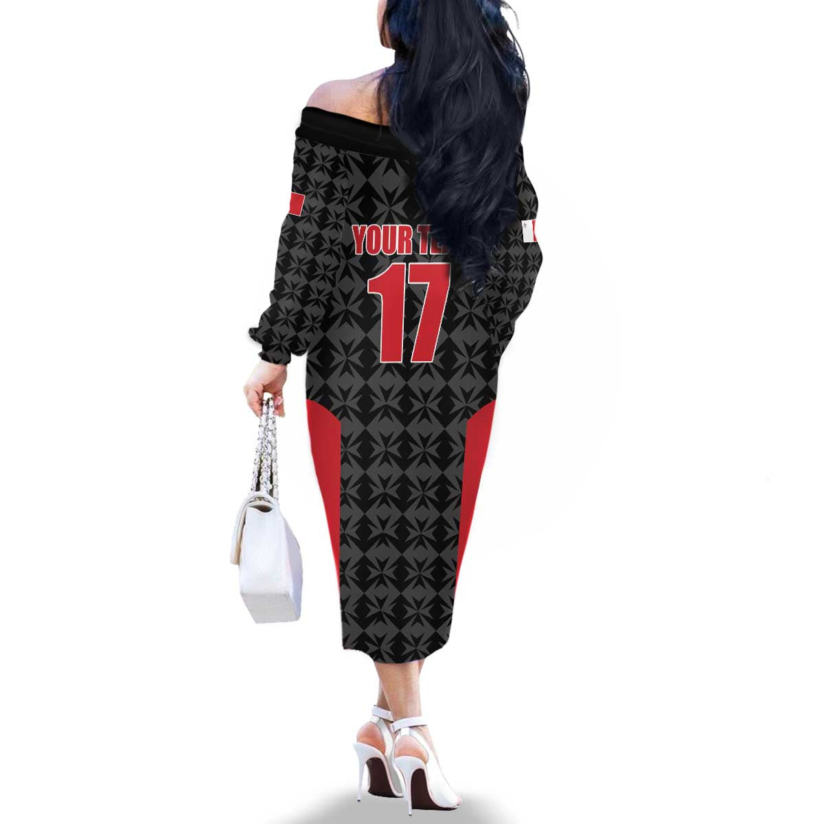 Custom Malta Football Jersey Go Champions Family Matching Off The Shoulder Long Sleeve Dress and Hawaiian Shirt Black Style