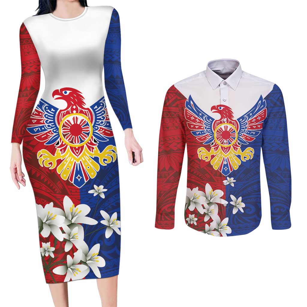 Philippine Eagle Week Couples Matching Long Sleeve Bodycon Dress and Long Sleeve Button Shirt Filipino Patern