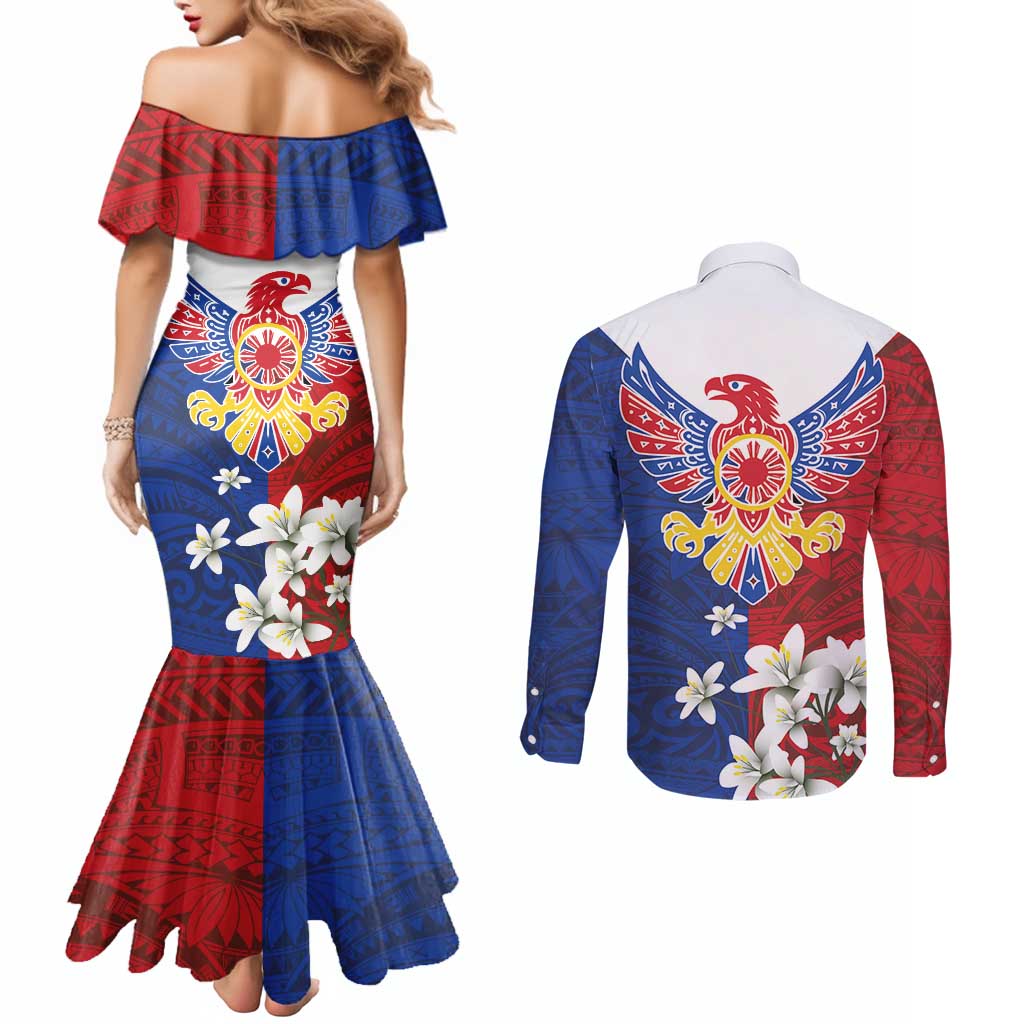 Philippine Eagle Week Couples Matching Mermaid Dress and Long Sleeve Button Shirt Filipino Patern