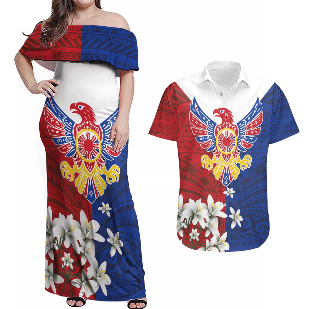 Philippine Eagle Week Couples Matching Off Shoulder Maxi Dress and Hawaiian Shirt Filipino Patern