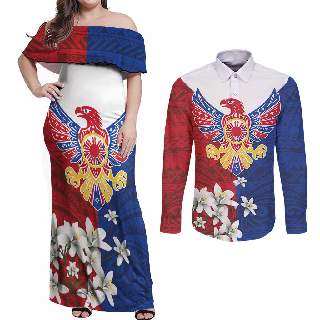 Philippine Eagle Week Couples Matching Off Shoulder Maxi Dress and Long Sleeve Button Shirt Filipino Patern