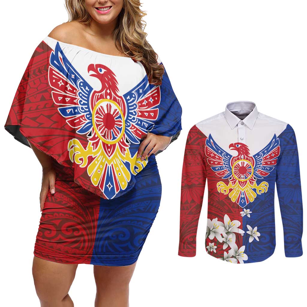 Philippine Eagle Week Couples Matching Off Shoulder Short Dress and Long Sleeve Button Shirt Filipino Patern