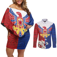 Philippine Eagle Week Couples Matching Off Shoulder Short Dress and Long Sleeve Button Shirt Filipino Patern