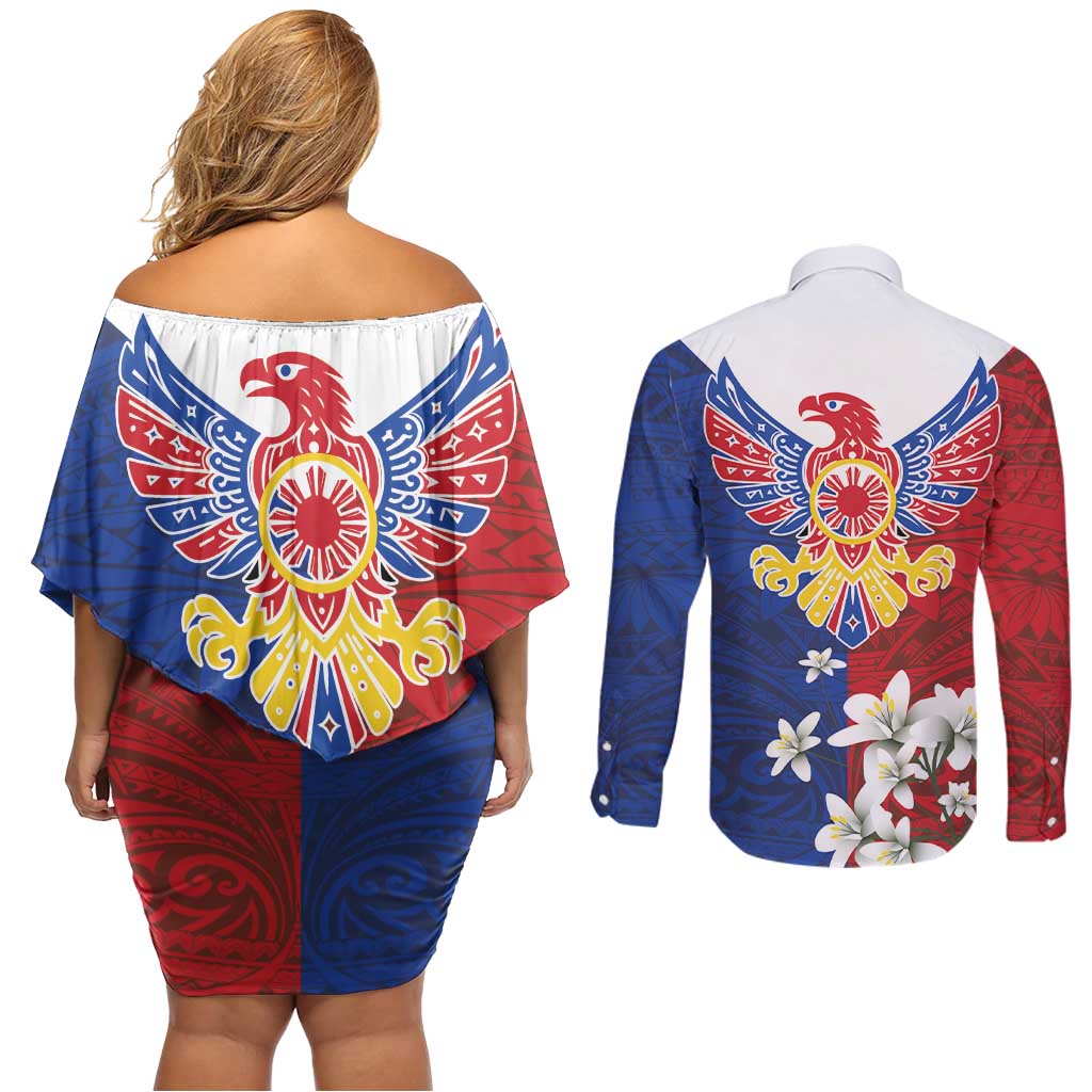 Philippine Eagle Week Couples Matching Off Shoulder Short Dress and Long Sleeve Button Shirt Filipino Patern