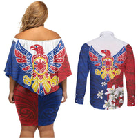 Philippine Eagle Week Couples Matching Off Shoulder Short Dress and Long Sleeve Button Shirt Filipino Patern