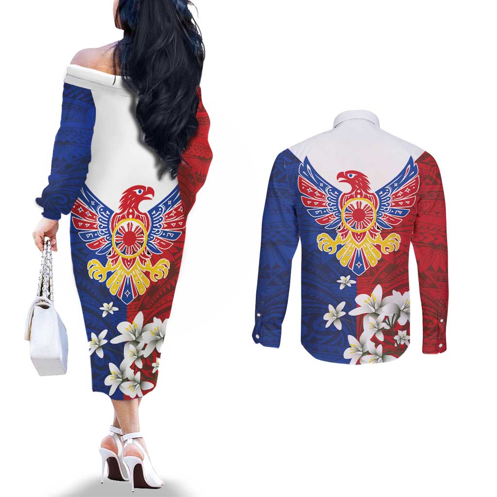 Philippine Eagle Week Couples Matching Off The Shoulder Long Sleeve Dress and Long Sleeve Button Shirt Filipino Patern