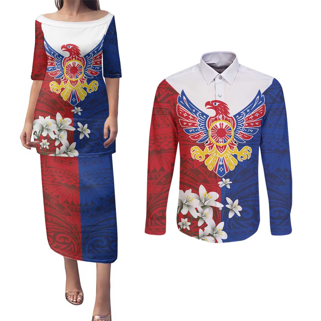 Philippine Eagle Week Couples Matching Puletasi and Long Sleeve Button Shirt Filipino Patern