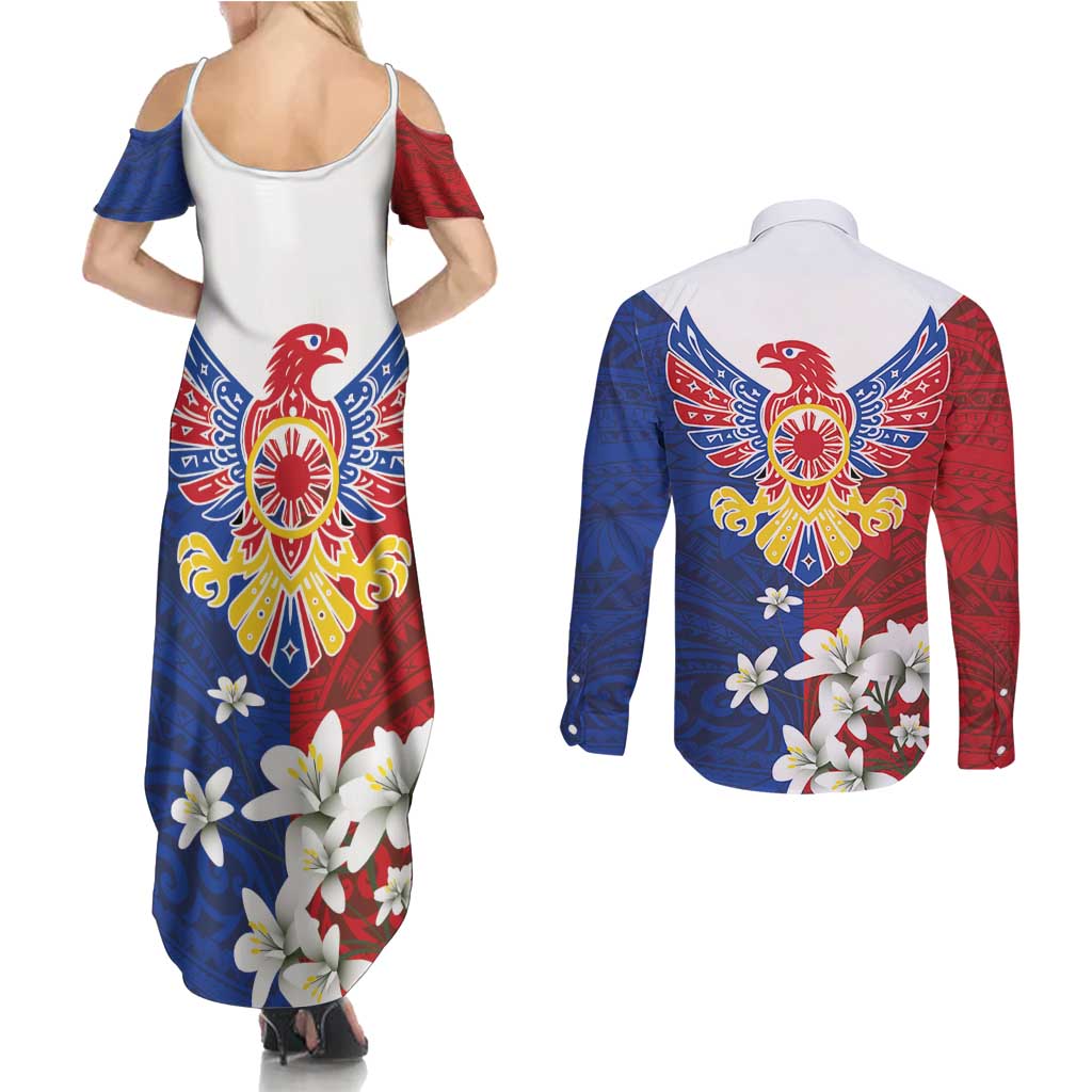 Philippine Eagle Week Couples Matching Summer Maxi Dress and Long Sleeve Button Shirt Filipino Patern